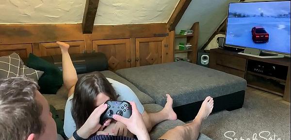  While he is gaming she starts to suck his dick and starts riding him - cumshot all over her asshole